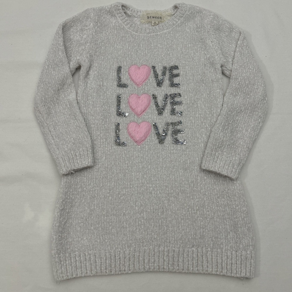 BTWEEN Girls 4 Sweater Dress Sequin Love Heart Long Sleeve Shimmer White B128